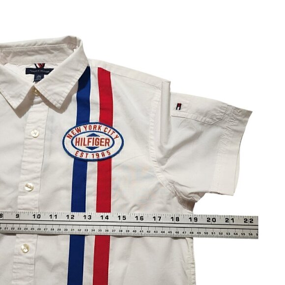 Tommy Hilfiger Boys Racing Shirt Botton Down Short Sleeve Logo‎ Patch XL - Picture 2 of 12
